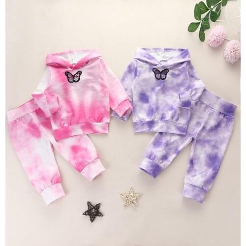 2Pcs Infant Baby Girl Tie-dye Long Sleeve Hooded Sweatshirt Top With Butterfly Embroidery+ Long Pants Outfits Sets