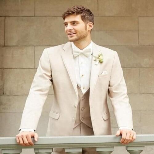 Three Pieces Mens Wedding Suits Beige Slim Fit Notch Lapel Black Jacket Vest Pants Button Down V Neck Business Costumes