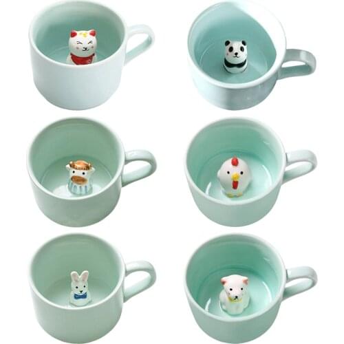 Creative Ceramic Cup coffee Mug 3D Milk Cup Animal Inside Cute Cartoon Panda Bunny Kitten Puppy Tee Cup Celadon Cup