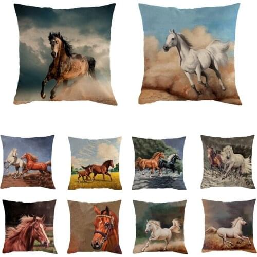 Hand Painted Horse Print Cushion Set 45*45cm Cushion Cover Linen Throw Pillow Car Home Decoration Decorative Pillowcase