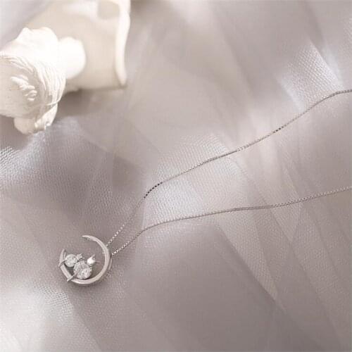 New Fashion Moon Cat 925 Sterling Silver Jewelry Not Allergic Temperament Cute Crystal Clavicle Chain Pendant Necklaces H558