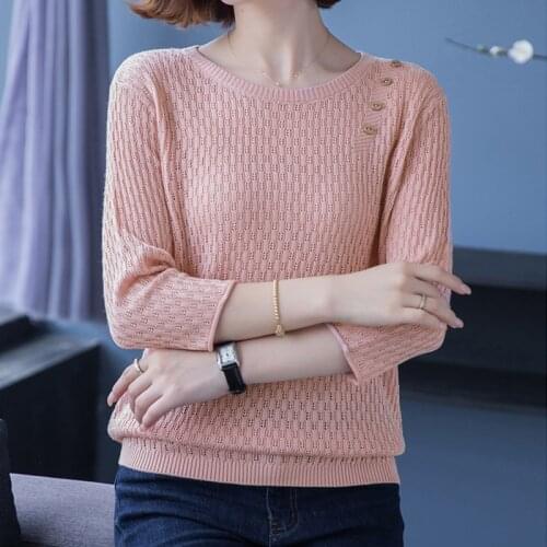 Casual Three Quarter Sleeve O-Neck Knitted Tops Women Spring Ribbed Sweaters Big Size Korean Style Loose Knitwear Pullovers