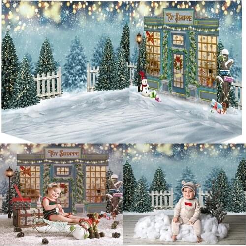Christmas photocall shop store winter snow pine forest photo booth background glitter store house Christmas tree photo shoot