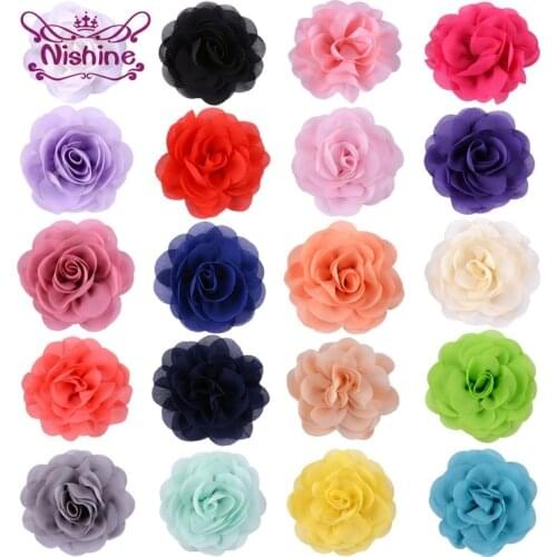 Nishine 10pcs/lot 3.2" Chiffon Fabric Rose Flower Flatback for Girls Hair Accessories Hand Craft DIY Chiffon Flowers No Clips
