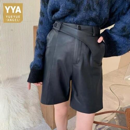 Street Real Leather Sheepskin Wide Leg Shorts Women Casual Loose Knee Length Shorts Brand Office Lady Straight Shorts Female