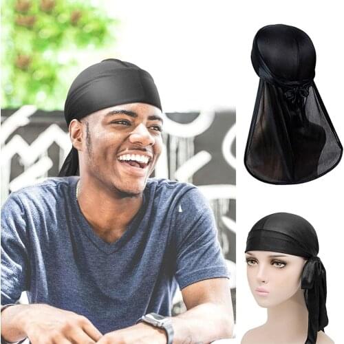 Sliky Mens Durag Long Tail Hip-Hop Bandanna Cap Rapper Unisex Solid Color Satin Turban Hat Elastic Black Red Women Pirate Hat