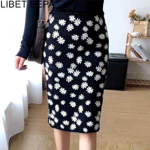2020 New Autumn Winter Women Skirts Knitting High Waist Korean Package Hip Elegant Print Floral Slim Lady Midi Skirts SK1180JX