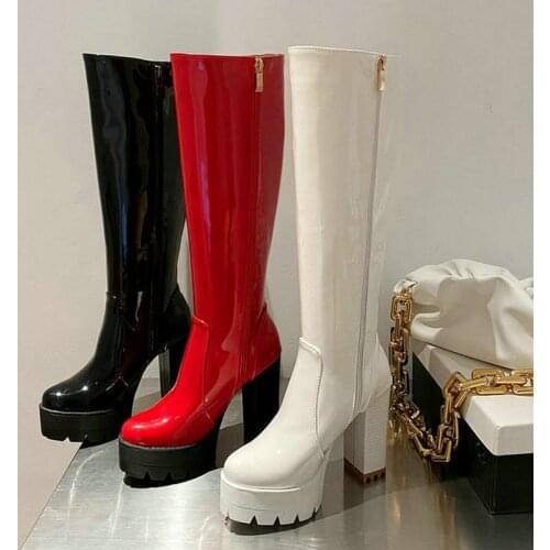 Patent PU Leather Women Knee High Boots Platform Square High Heel Women Boots Zipper Ladies Winter Shoes Black Red White