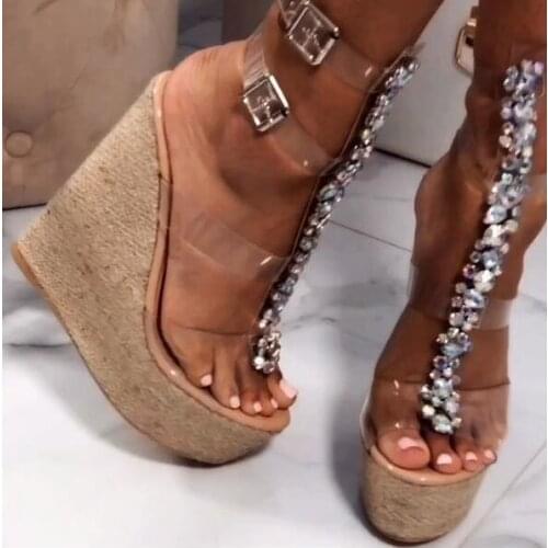 Moraima Snc Sexy Open TOe T-strap Woman Sandal Clear PVC Crystal Embellished Platform Wedge Shoes Super High Buckle Strap Sandal