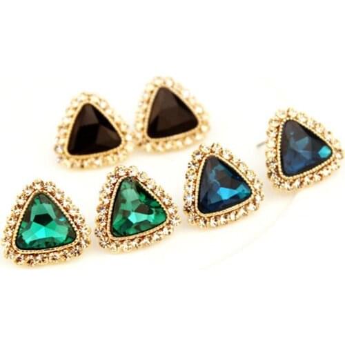 3 Colors Treasured Triangle Shaped Big Rhinestone Crystal Golden Stud Earrings for Women Fashion piercing Jewelry