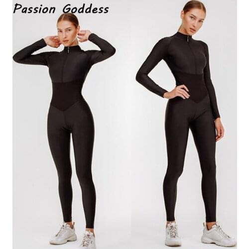 Fitness Women Patchwork Skinny Jumpsuits Collect Waist Full Sleeve Macacao Push Up Hip Jumpsuit Elastic Zipper Jumpsuit Overalls