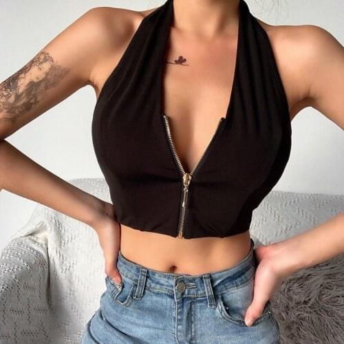 Women Sexy Black Backless Off Shoulder Zipper Split Patchwork Halter Slim Crop Top Summer Tank Tops Party Streetwear 2021