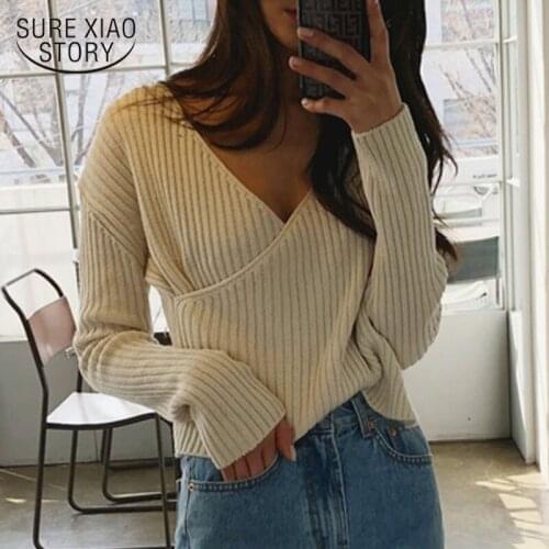 2020 Autumn and Winter Women Sweater Stripe Knitted Sweaters Korean Cross-Shoulder V-neck Thicken Casual Pullover Sweater 10527