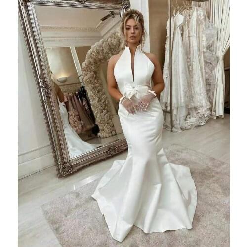 Sexy Long Mermaid Sleeveless Wedding Dresses Custom Ivory Satin V-Neck Floor Length Open Back Bridal Gowns for Women