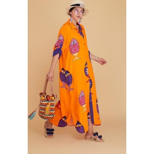 Fish Pattern Long Buttoned Boho Dress 2021 Authentic Fashion Clothing For Women With 6 Different Color Options