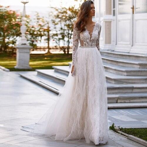Glam V Neck Long Wedding Dress with Sleeves Open Back A Line Appliques Lace Bridal Dress For Formal Party Vestidos De Novia 2021