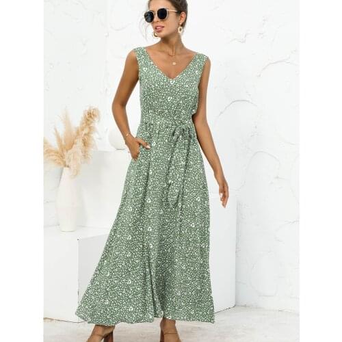 Summer Ladies 2021 Floral Leopard Lace V-neck Lace Printed Sleeveless Boho Long Skirt With Pocket Ladies Holiday Dress