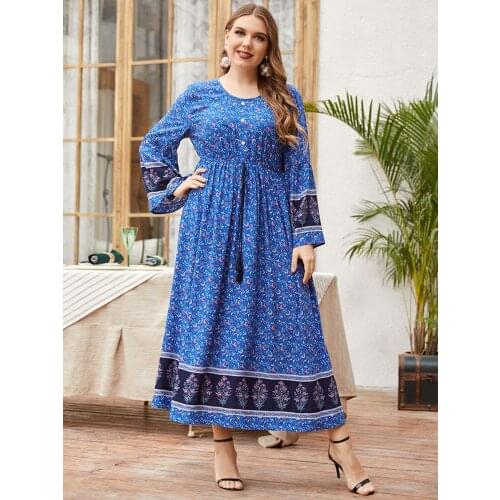 Plus Size Maxi Dress for Women Blue Flower Summer Splicing Loose Casual Ethnic Dress Long Sleeve Arabic Muslim Islamic Clothes