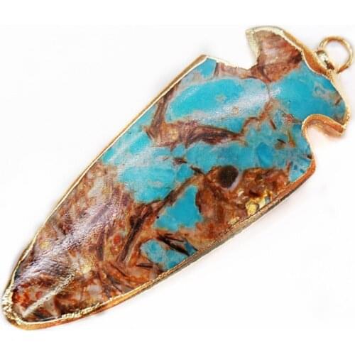 1Pcs 48x18x5mm Wholesale Blue&Bronze Sea Sediment Jasper & Pyrite Arrow Gilt Edge Pendant Bead DIY Jewelry Accessories S853