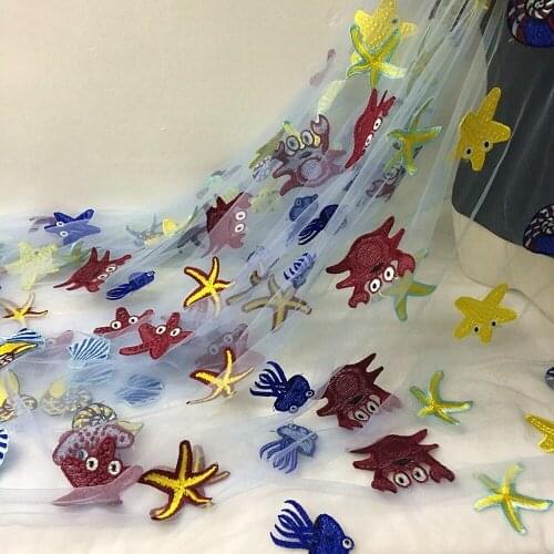 1Y/lot ocean lift pattern lace embroidery blue mesh fabric for dress child cloth home curtain decoration