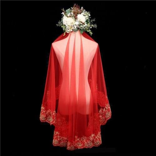 2021 Short Red Bridal Veils Elbow Length Gold Lace Appliques Velos De Novia Wedding Accessories Cap For Bride