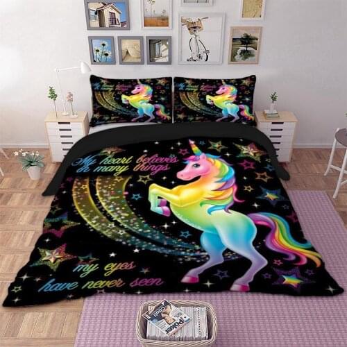 7 Duvet Cover Rainbow Unicorn Fairytale with Sparkling Stars 3D Digital Printing Bedding Sets Black Background