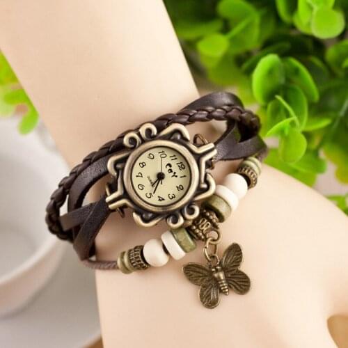 Fashion Geneva Watch Women Leather Woven Strap Butterfly Pendant Wristwatches Vintage Bracelet Quartz Watches Relogio Feminino