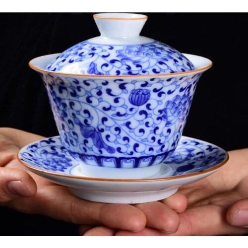 2019 Hot Sale 210ml Chinese Hand Painted Tea Set Tureen Dehua High Quality White Porcelain Puer Gaiwan Tea Porcelain Pot Set