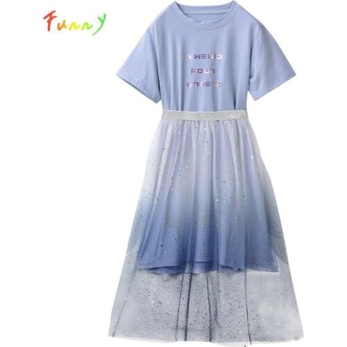 2021 Summer Girls Dress Mesh Sequined Two Pieces Set Birthday Dress Casual O Neck Short Sleeve Children Dresses Kids Clothes