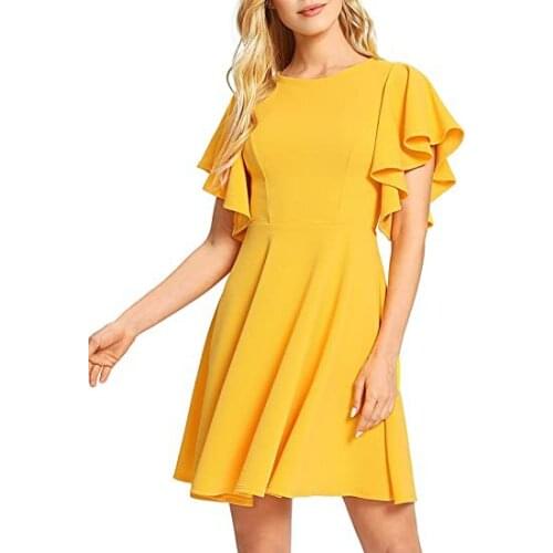 Elegant party skater dress Summer butterfly short sleeve high waist swing mini dress Yellow pink white blue robe femme chic