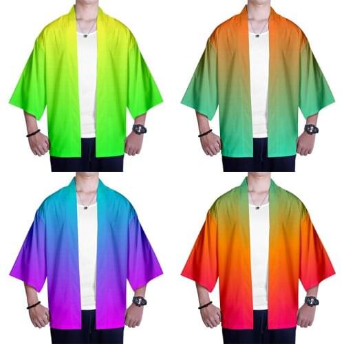 Japanese Colourful Gradient Costume 3d Print Kimono Shirt Hip Hop Men Seven Point Sleeve Tops Rainbow Cardigan Jacket Streetwear
