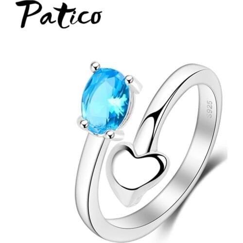 Pretty Sky Blue Crystal 925 Sterling Silver Band Rings Oval Cubic Zircon Stone with Heart Design Adjustable Free Size