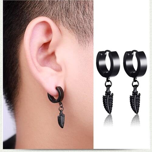 Fashion Leaves Circle Earrings for Men Boy Geometric Leaf Earring Black Gold Silver Color Ears Hip-Hop Punk Cool Male Jewelry