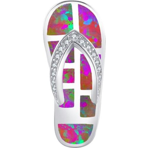 ROLILASON Shining Zircon Cute Flip flops Design Pink Fire Opal 925 Silver Necklace Pendants Fashion Jewelry for Women OPS687