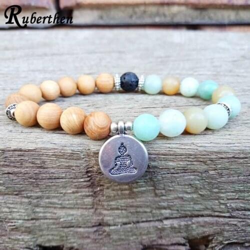 Ruberthen Sandwood Amazonite Bracelet Buddha Charm Mala Beads Bracelet for Women Spiritual Healing Balance Energy Bracelet