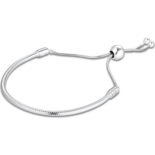 Sliding Bracelet Silver 925 Jewelry Ball Clasp Snake Chain Bracelets fit Charms Beads DIY for Women Gift free shipping B054