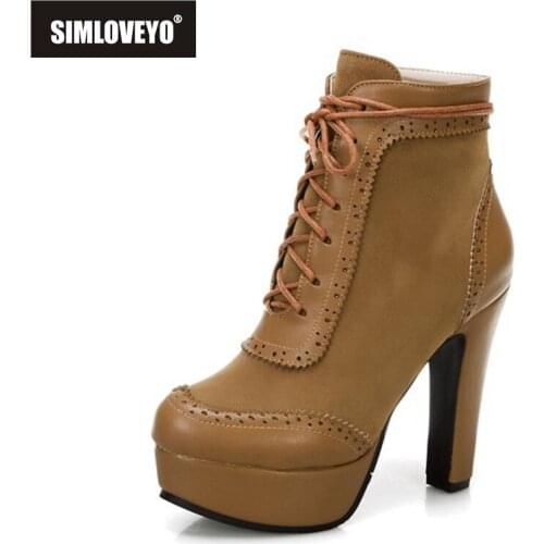SIMLOVEYO 2021 Ankle Boots Zip Lace Up Flock Patchwork Platforms Round Toe Block Heel Short Plush Brown Black Yellow Grey A4506