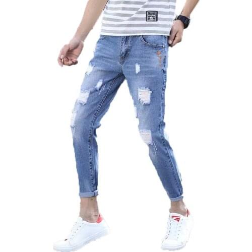 Spring and summer 2021Fashion teen ripped jeans men trendy brand thin casual slim-fitting long pants for students pencil jeans