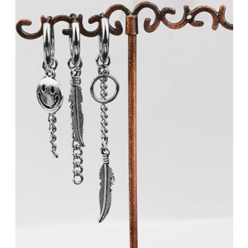 Vintage feather SmilE Face Pendant Drop Earrings Small Huggies Punk Hip Hop Trendy Dangle Tassel Earring Piercing Accessory