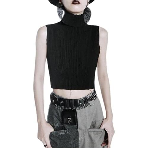 Turtleneck Sleeveless Cop Tops Women 2021 All Match Tanks Camis Casual Pleated Black Summer Woman Clothes New Tees