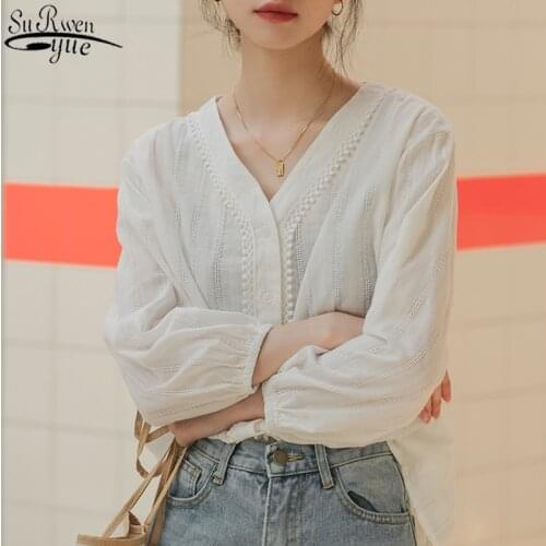 Autumn 2021 Chic New Woman Shirt White Tops V-neck Office Lady Shirts Blusas Vintage Long Sleeve Womens Tops and Blouses 10956