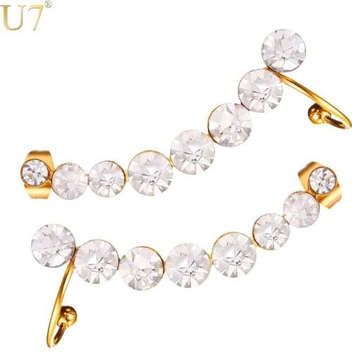 U7 Earring Jackets For Women Fashion Jewelry Chic Gift Ear Jacket Gold Color Stainless Steel Rhinestone Crystal Earrings E7871