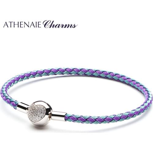ATHENAIE Colorful Wire Charms Bracelet with 925 Sterling Silver Purple & Blue CZ Love Heart Clasp Bracelet Fit Women Charm Beads