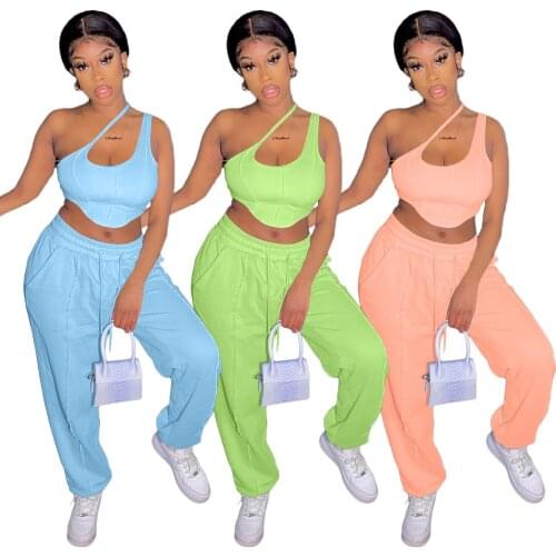 Casual Cut Out Two Piece Set Women Sportswear One Shoulder Sling Sknew Neck Crop Top + Sweatpants Slim Matching Set Jogger Suits