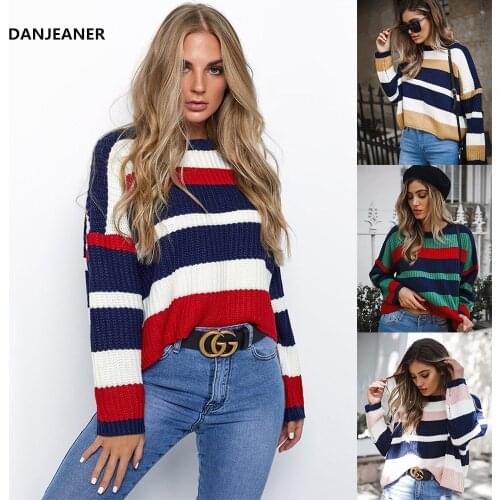Danjeaner Classic Streetwear Colorful Stripe Knitted Sweater Women Casual Knitting Pullovers Plus Size Winter Jumpers Harajuku