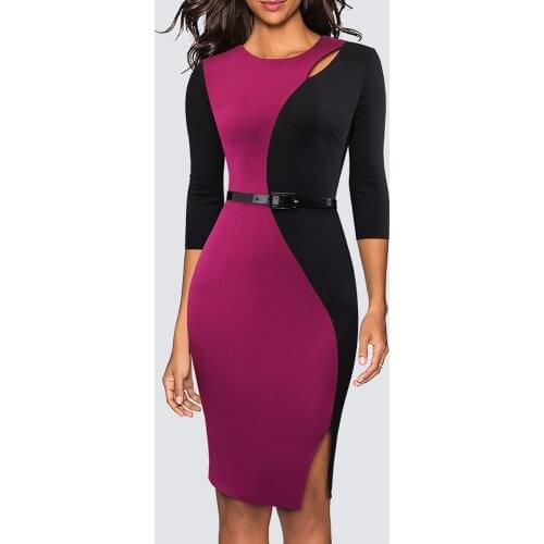 Women Business Elegant 3/4 Sleeve O Neck Contrast Color Bodycon Slit Pnecil Dress with Belt 1HB478