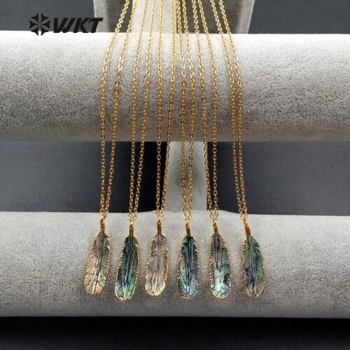 WT-N1034 Natural tiny abalone shell carved feather necklace nice mini shell carved feather charm pendant necklace for women gift