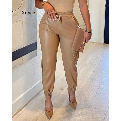2021 Fall/winter Womens Retro Faux Leather Pencil Pants Womens High Waist Slim Black Brown Pu Pants