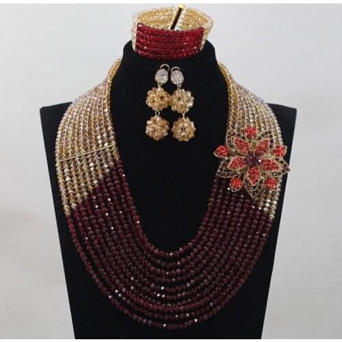 African Crystal Beads Jewelry Set Champagne/Wine 10 Row Design Nigerian Party Necklace Bracelet Jewelry Set Free Shipping ANJ193