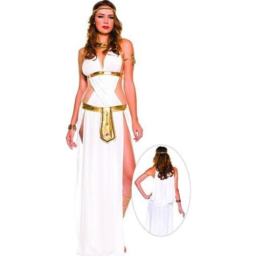 White Sexy Egyptian Queen Cleopatra Costume Women Halloween Cosplay Greek Goddess Costumes for Adults Long Dress